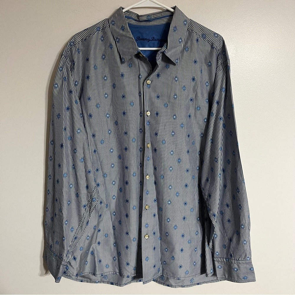 Mens Tommy Bahama Long Sleeve Button Up 95% Silk Shirt Size XL Blue White Stripe